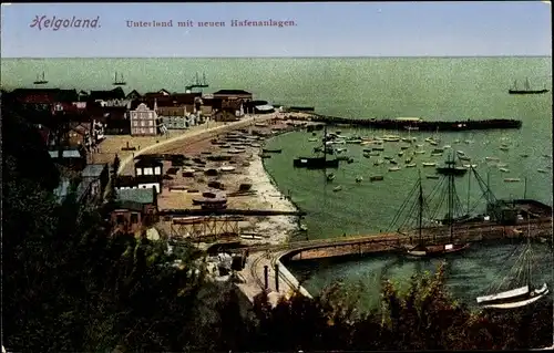 Ak Helgoland in Schleswig Holstein, Unterland mit neuen Hafenanlagen, Schiffe