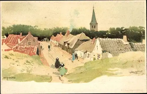 Künstler Litho Cassiers, Domburg Veere Zeeland Niederlande, Teilansicht, Häuser, Kirchturm