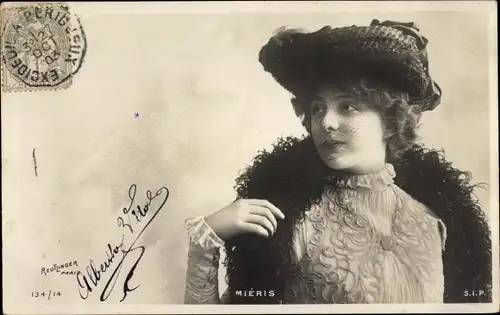 Ak Schauspielerin Miéris, Portrait, Federboa