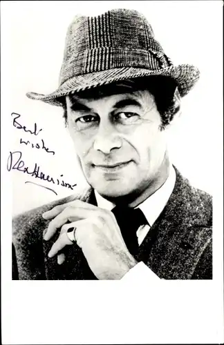 Ak Schauspieler Rex Harrison, My Fair Lady, Hut, Fingerring, Portrait, Autogramm