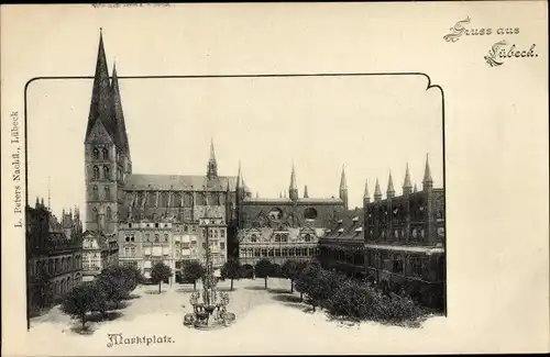 Ak Hansestadt Lübeck, Marktplatz, Rathaus, Marienkirche