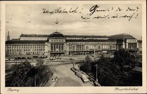 Ak Leipzig in Sachsen, Hauptbahnhof, Straßenbahn