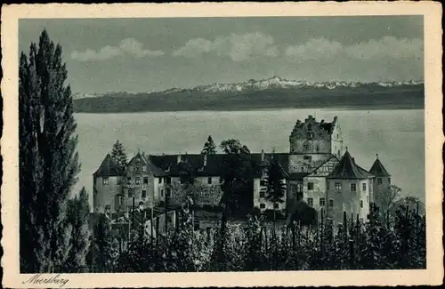 Ak Meersburg am Bodensee, Schloss Meersburg und die Schweizer Alpen