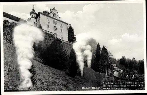 Ak Baden Baden am Schwarzwald, Ursprung der Thermalquellen am Florentinerberg, Neues Schloss