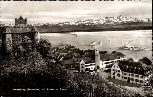 Ak Meersburg am Bodensee, Schweizer Alpen, Schiffe, Panorama