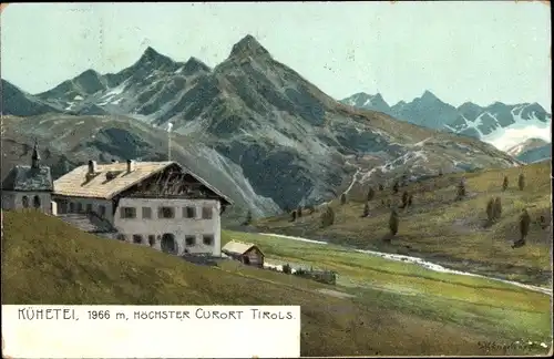 Künstler Ak Kühetei Kühtai Tirol, Ortsansicht, Gebirge