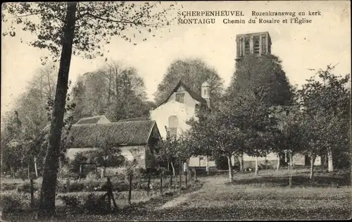 Ak Montaigu Scherpenheuvel Flämisch-Brabant, Rosenkranzweg und Kirche