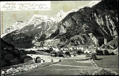 Ak Amsteg Silenen Kt. Uri, Panorama, Brücke der Gotthardbahn