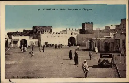 Ak Azemmour Marokko, Platz, Stadtmauer und Störche