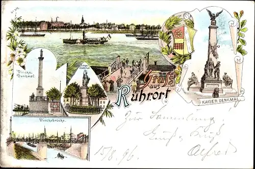 Litho Ruhrort Duisburg im Ruhrgebiet, Vincke-Denkmal, Kaiser-Denkmal, Kriegerdenkmal, Vincke-Brücke