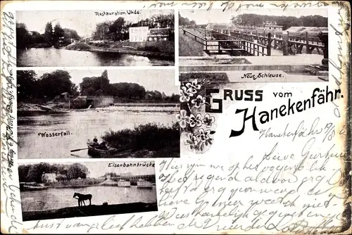 Ak Lingen im Emsland, Hanekenfähr, Restauration Uhde, Neue Schleuse, Wasserfall, Eisenbahnbrücke