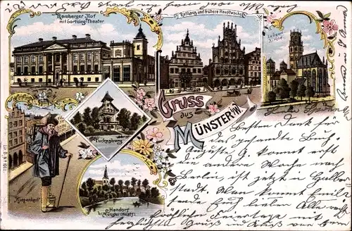 Litho Münster Westfalen, Lortzing Theater, Ludgerikirche, Handorf, Tuckesburg, Rathaus, Hauptwache