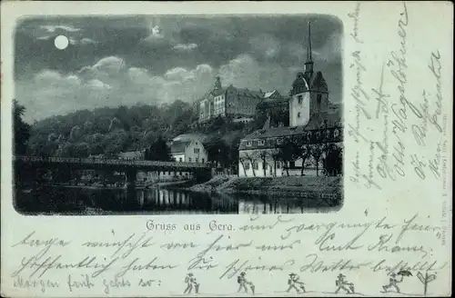 Mondschein Litho Gera in Thüringen, Schloss Osterstein und Brücke bei Nacht