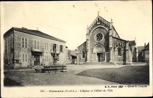 Ak Cuiseaux Saône et Loire, L'Église et l'Hôtel de Ville