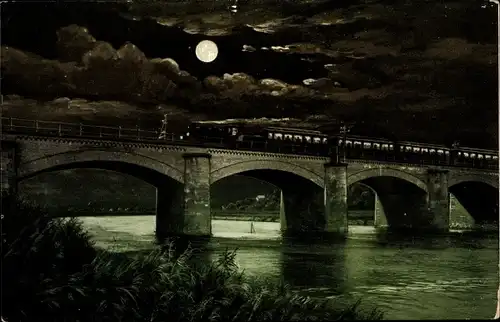 Mondschein Ak Verden an der Aller, Blick auf die Eisenbahnbrücke