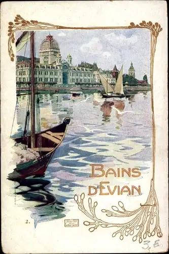 Jugendstil Künstler Ak Evian les Bains Haute Savoie, Teilansicht, Segelboote