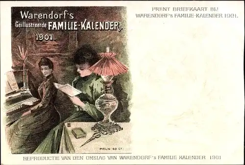 Ak Warendorf's Familie Kalender 1901, Frauen, Klavier, Tischlampe