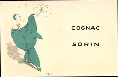 Künstler Ak Cognac Sorin, Harlekin, Grünes Kostüm, Reklame