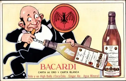 Ak Reklame, Bacardi Rum, Kellner öffnet die Flasche