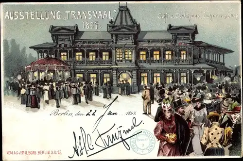 Litho Berlin Charlottenburg, Transvaal Ausstellung 1897, Cafe und Clubhaus Johannesburg, Besucher