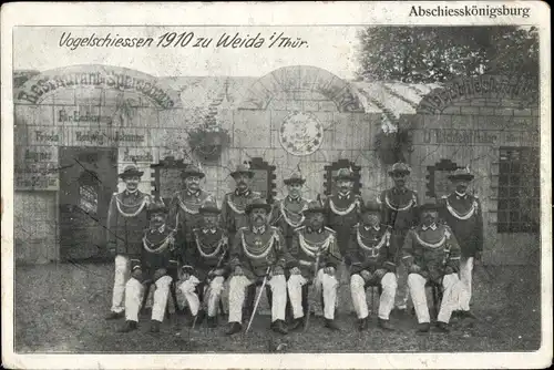 Ak Weida in Thüringen, Vogelschießen 1910, Abschiesskönigsburg