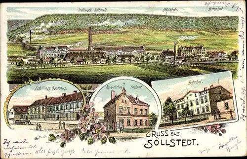 Litho Sollstedt Thüringen, Schillings Gasthaus, Postamt, Bahnhof, Kaliwerk, Molkerei