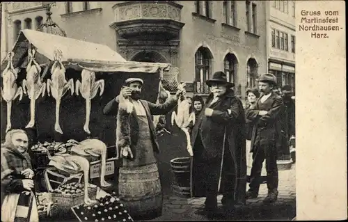 Ak Nordhausen am Harz, Martinsfest, Marktszene, Händler mit Gänsen u. Hasen