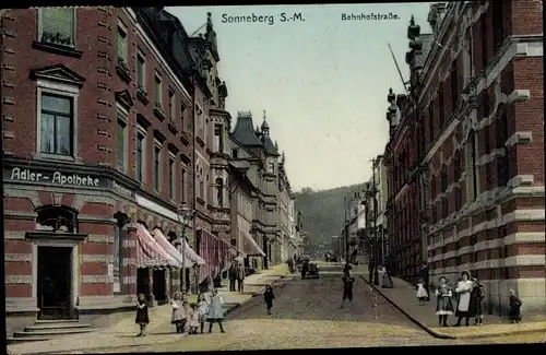 Ak Sonneberg in Thüringen, Bahnhofstraße, Adler Apotheke