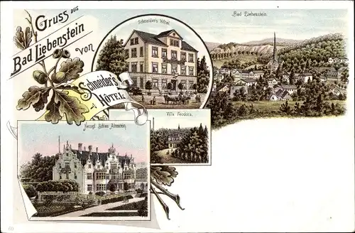 Litho Bad Liebenstein im Thüringer Wald, Panoram, Schneider Hotel. Villa Feodora, Schloss Ahrenstein