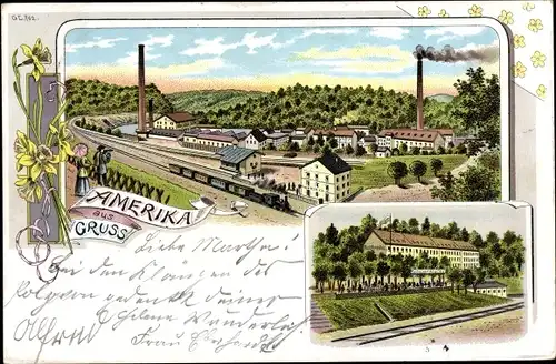 Litho Amerika Penig in Sachsen, Bahnhof, Gleisseite, Gasthof