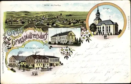 Litho Großwaltersdorf Eppendorf im Kreis Mittelsachsen, Dorfmitte, Schule, Kirche, Dietze's Gasthof