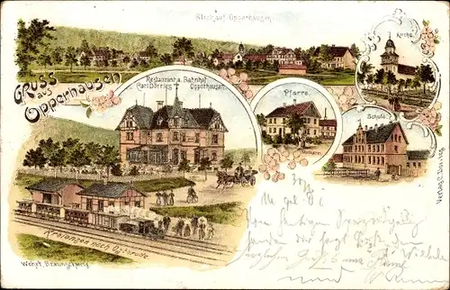 Litho Opperhausen Kreiensen Einbeck in Niedersachsen, Restaurant am Bahnhof, Schule, Kirche, Pfarre