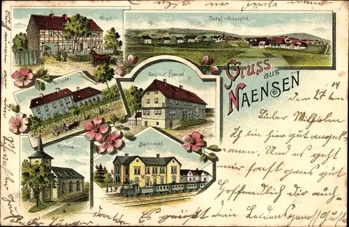 Litho Naensen Einbeck in Niedersachsen, Post, Schule, Gasthof Freund, Bahnhof, Kirche