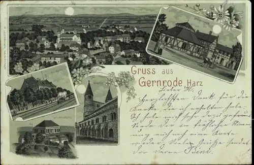 Mondschein Litho Gernrode Quedlinburg im Harz, Gesamtansicht, Kirche, Bahnhof, Stubenberg
