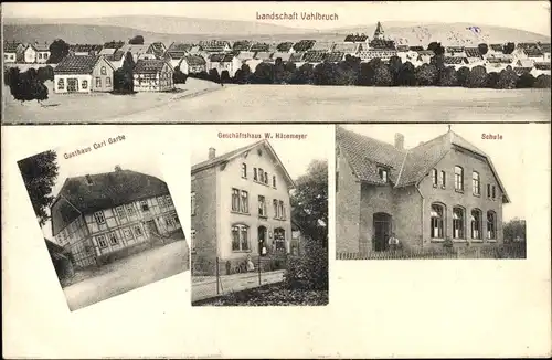 Ak Vahlbruch in Niedersachsen, Landschaft, Gasthaus Carl Garbe, Geschäftshaus W. Häsemeyer, Schule