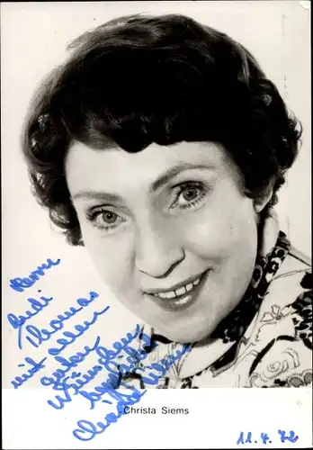 Ak Schauspielerin Christa Siems, Portrait, Autogramm