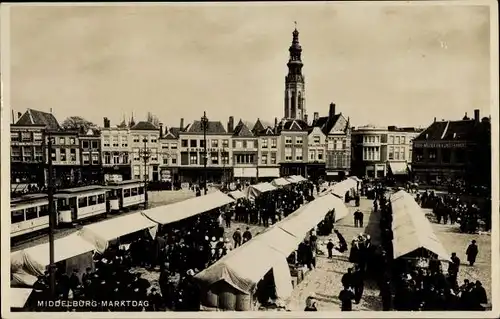 Ak Middelburg Zeeland Niederlande, Marktdag, Marktstände, Straßenbahn