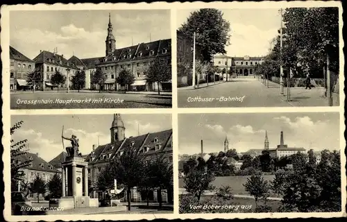 Ak Großenhain Sachsen, Hauptmarkt, Kirche, Cottbuser Bahnhof, Dianabrunnen, Panorama vom Bobersberg