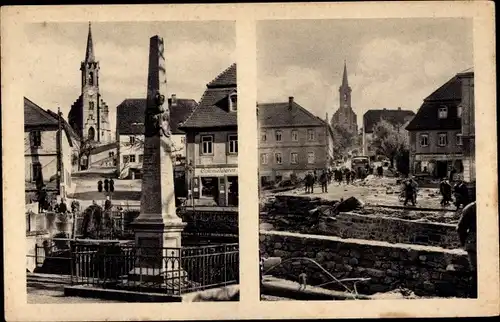 Ak Berggießhübel in Sachsen, Platz an der Brücke, vor und nach der Katastrophe vom 8./9. Juli 1927