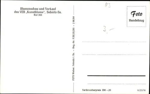 Ak Sebnitz Sachsen, Blumenschau, Verkauf des VEB Kunstblume