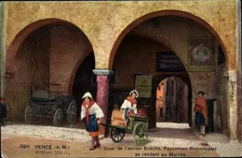 Photochromie Ak Vence Alpes Maritimes, Hof der ehemaligen Eveche, provenzalische Bauern