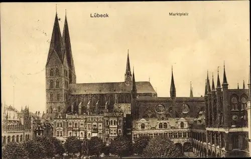 Ak Hansestadt Lübeck, Marktplatz, Rathaus, Marienkirche