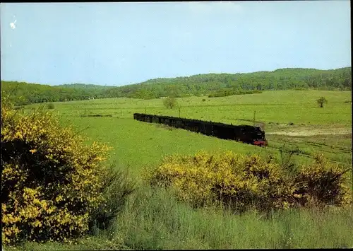 Ak Insel Rügen, Rügener Bergland mit Schmalspurbahn Putbus-Göhren, Dampflok