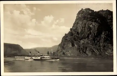 Ak Sankt Goarshausen am Rhein, Loreleyfelsen, Schiff