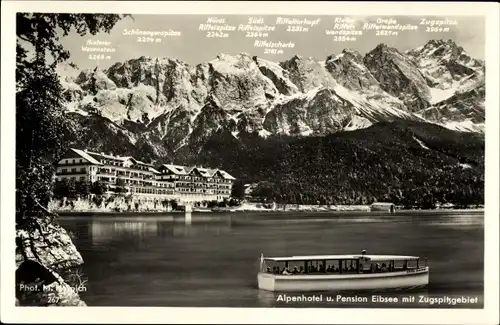 Ak Garmisch Partenkirchen, Alpenhotel und Pension Eibsee mit Zugspitzgebiet, Schiff Karl Hans