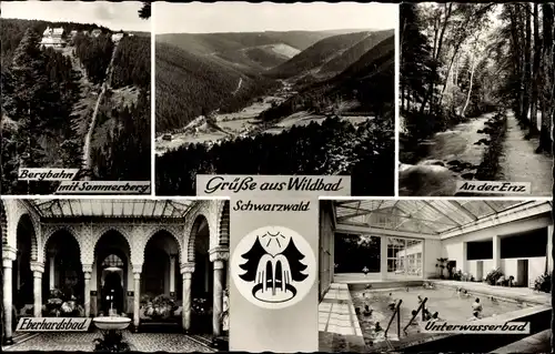 Ak Bad Wildbad im Schwarzwald, Bergbahn, Enz, Unterwasserbad, Eberhardsbad