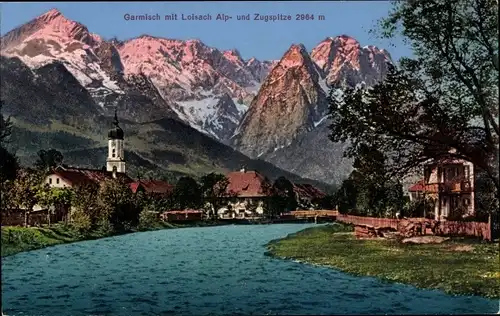 Ak Garmisch Partenkirchen in Oberbayern, Loisach, Kirche, Alpspitze, Zugspitze