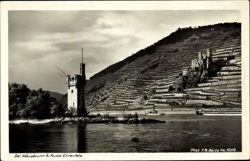 Ak Rüdesheim am Rhein, Ruine Ehrenfels, Mäuseturm