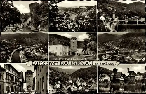 Ak Dausenau an der Lahn, historisches Wirtshaus, Stadttor, Schiefer Turm