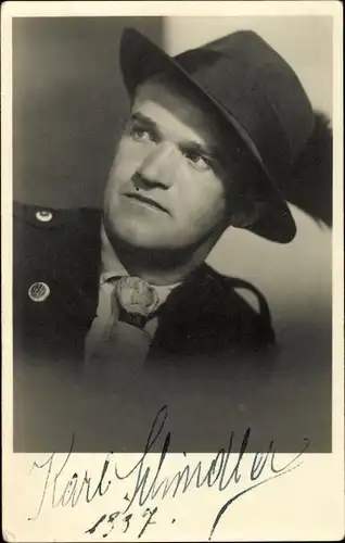 Foto Ak Schauspieler Karl Schindler, Portrait, Hut, Autogramm